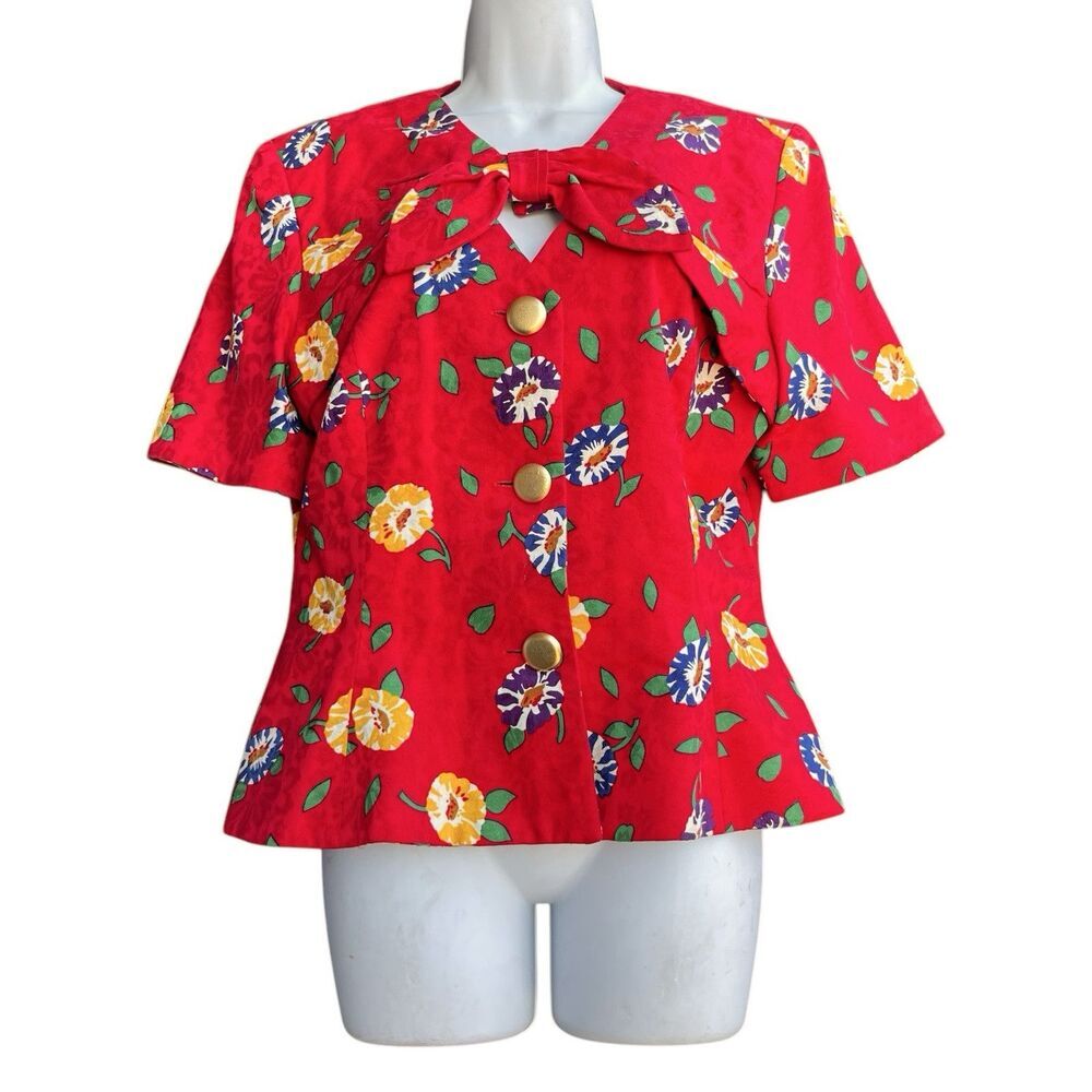 Vintage CONSTANCE SAUNDERS For RICHARD WARREN Floral Blouse Bow Red Size 12